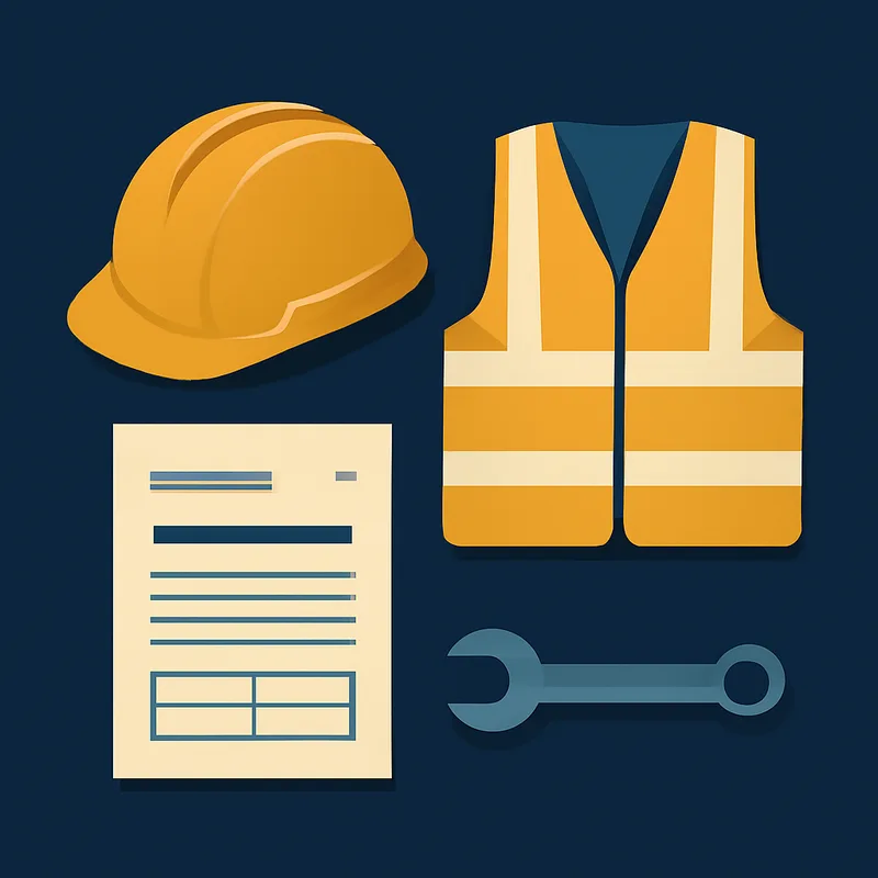 Illustration of a hard hat and high-visibility vest beside an invoice