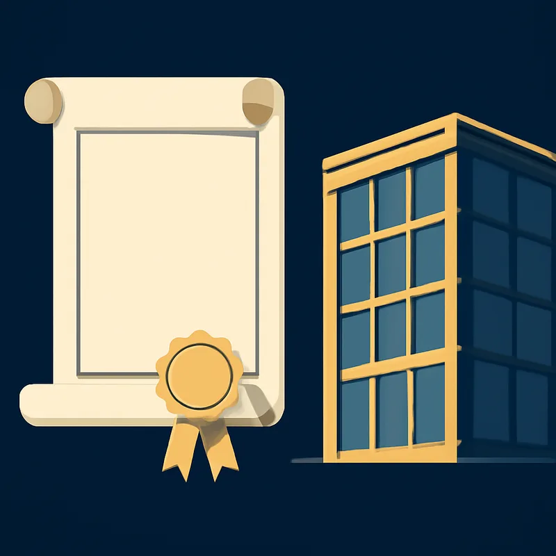 Illustration of an incorporation certificate beside an office building