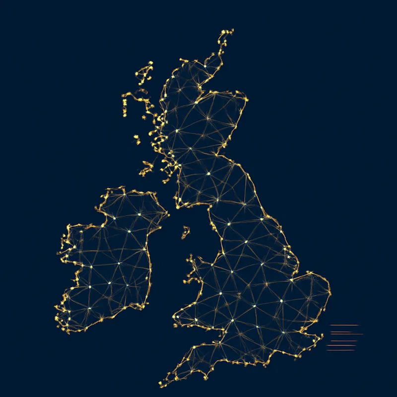 Illustration of the United Kingdom and Ireland drawn in glowing connected dots