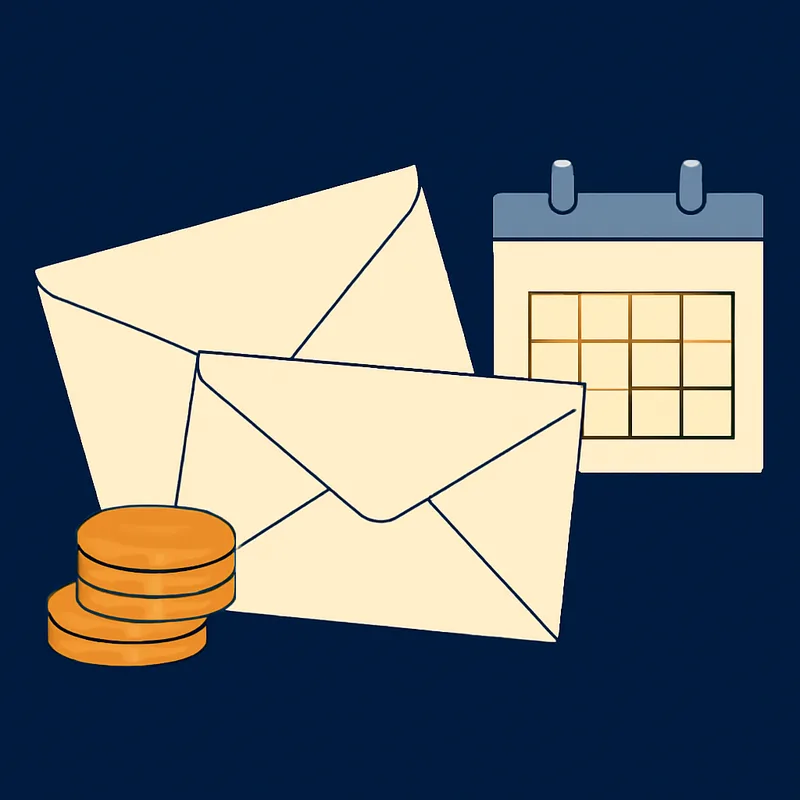 Illustration of payslips, coins and a calendar
