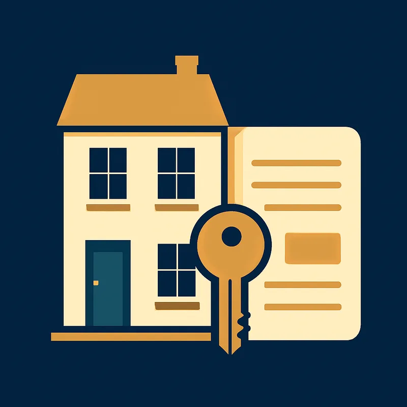 Illustration of a terraced house with a key and a document